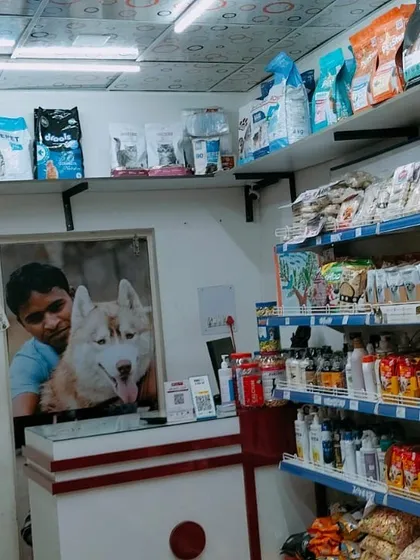 This is my counter area, where I am always ready to help you. The shelves are filled with health supplements, treats, and specialized food options.