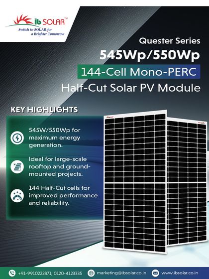 Our Quester Series 545Wp/550Wp Mono-PERC modules are designed for maximum energy generation. The 144 half-cut cell design improves both performance and reliability, making them a perfect fit for large rooftop and ground-mounted solar plants.