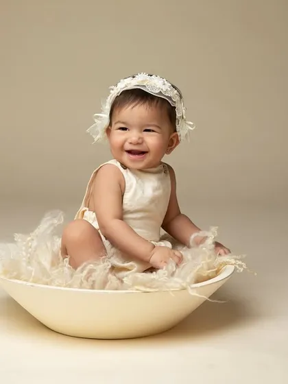 A big, happy smile from a baby girl sitting in a simple white bowl. Her joy is infectious, and this classic studio setup keeps all the focus on her.