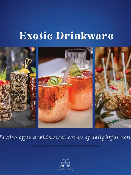 Elevate your drink service with our collection of exotic drinkware. We offer unique options like tiki mugs, copper mule mugs, and pineapple-shaped glasses to match any cocktail theme.