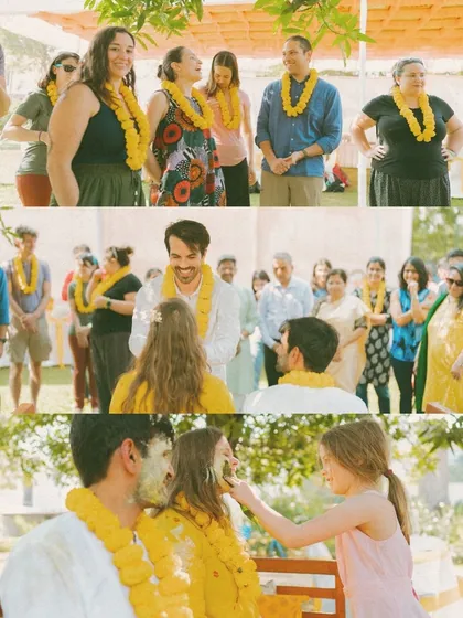 The fun and playful side of a cross-cultural Haldi ceremony. This collage shows the joyful participation of family and friends from different backgrounds, united in celebration.