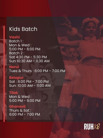 The complete schedule for all our Kids performance batches for RUH 18. We offer multiple timings and locations to fit every family's needs.