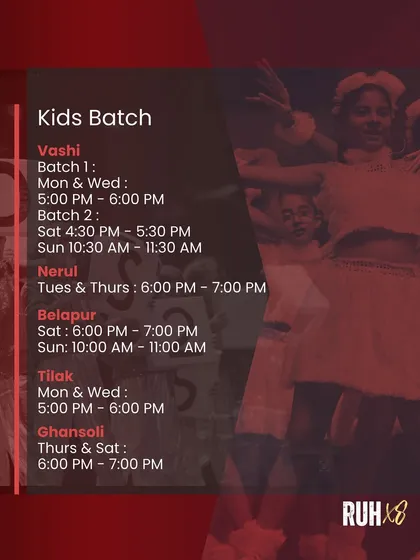 The complete schedule for all our Kids performance batches for RUH 18. We offer multiple timings and locations to fit every family's needs.