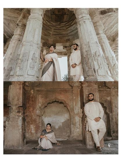 A collage of a couple's pre-wedding shoot at a temple, using the ancient architecture to create dramatic and timeless portraits.