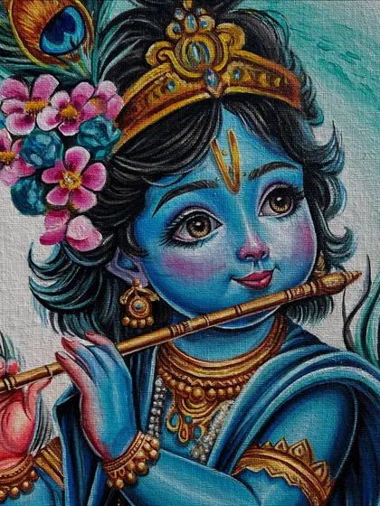 A sweet portrait of Little Krishna, or Kanha, playing his flute. I used acrylics on canvas to give him a gentle and innocent expression.