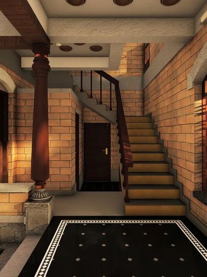 This rendering illustrates the interplay of light and materials around the staircase and courtyard. A terracotta jali screen provides privacy while allowing for ventilation, and the open-riser staircase maintains a sense of visual lightness.
