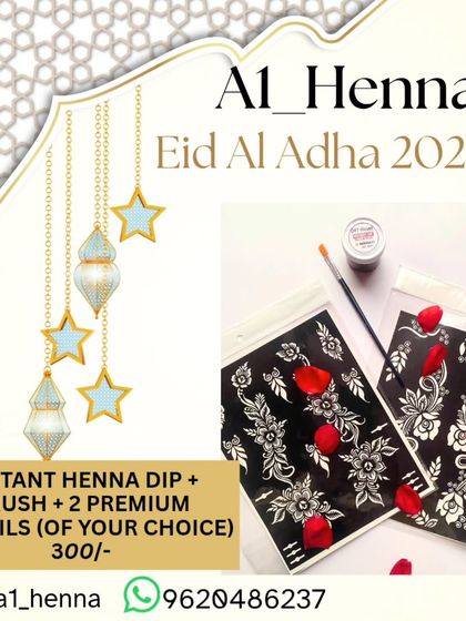 For more intricate looks, I offer an Eid kit with two premium stencils and my instant henna dip and brush. Create a luxe design at home.