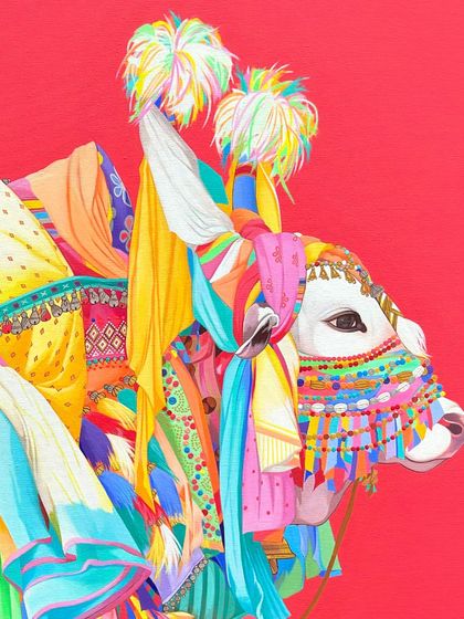 A vibrant new piece from Mohammed Osman's 'Gangireddhu Series,' a homage to South India’s richly adorned temple bulls. This 4x4 ft painting is part of his upcoming July 2025 collection.