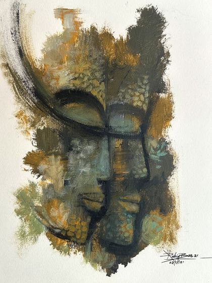An abstract portrait using acrylic on paper, with heavy textures and earthy tones to create a mask-like face.