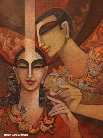 One of my artworks featured at the Lionel Wendt Art Gallery in Colombo, a piece in warm red tones depicting a couple surrounded by birds.