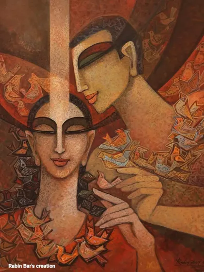 One of my artworks featured at the Lionel Wendt Art Gallery in Colombo, a piece in warm red tones depicting a couple surrounded by birds.