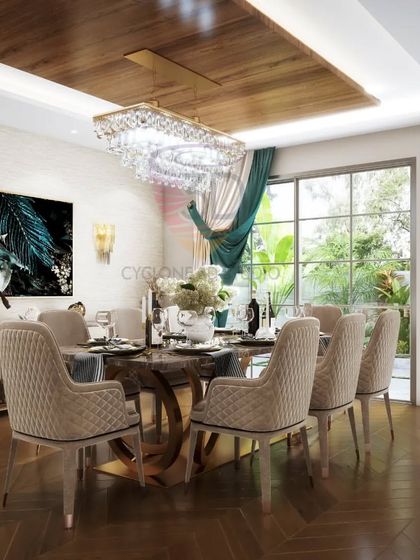 An elegant dining room visualization where a crystal chandelier and rich, emerald curtains create a formal atmosphere. The render captures the reflection on the polished table and the texture of the herringbone wood floor.