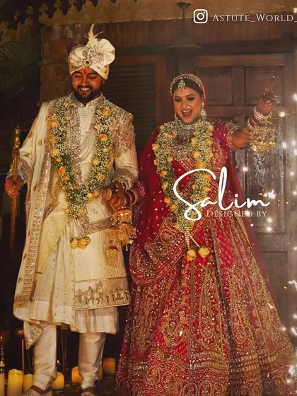 This is what it's all about: a groom looking and feeling his best on his wedding day. I designed this classic ivory sherwani with intricate all-over embroidery and styled it with a matching safa and kalgi to create a complete, regal look for this beautiful celebration.