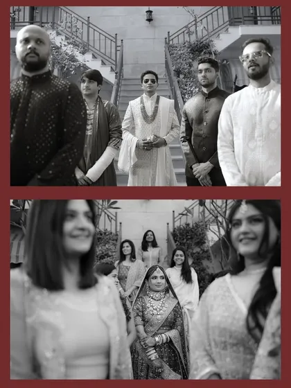 A powerful black and white diptych showing the bride's and groom's parties separately, building a sense of anticipation before they unite.