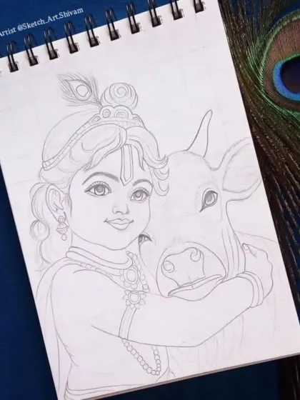 A detailed pencil outline of Baal Krishna with his beloved cow. This sketch emphasizes the bond between them and is ready for shading or painting. It’s a perfect example of a custom outline I can create.