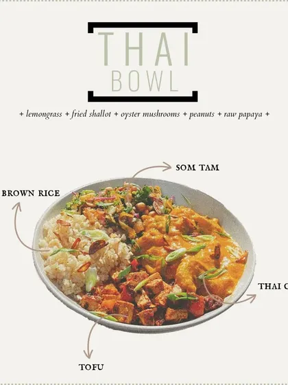 Meet our new Thai Bowl. It features a flavour-packed oyster mushroom curry, lemongrass-marinated tofu, brown rice, and a fresh som tam salad. We're always creating new dishes to keep your meals exciting.