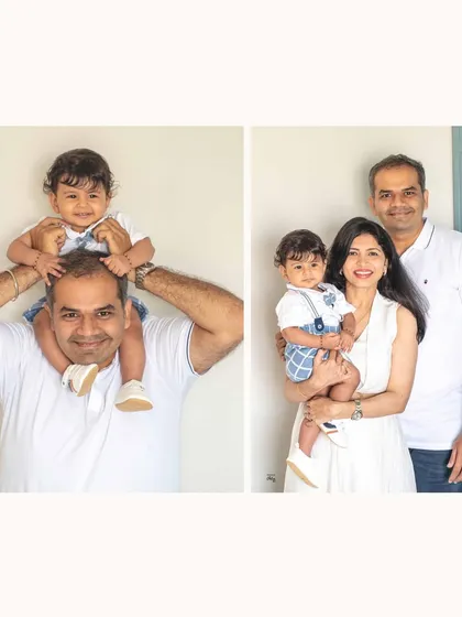 A fun diptych showing two sides of a family session. On the left, a playful shoulder ride, and on the right, a classic family portrait, both in a clean, all-white theme.