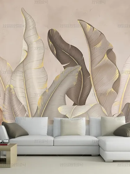 A soft and elegant wallpaper with large, neutral-toned leaves with subtle gold edging. This design is perfect for creating a calm and sophisticated space.