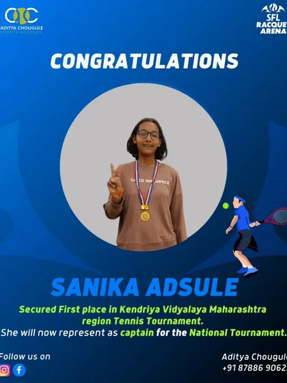 Congratulations to Sanika Adsule for securing first place in the Kendriya Vidyalaya Maharashtra region Tennis Tournament. She will now represent her region as captain at the National Tournament.