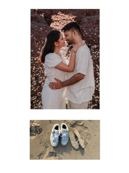 A collage pairing an intimate portrait with a detail shot of their shoes left on the sand. It’s these little details that help tell the whole story.