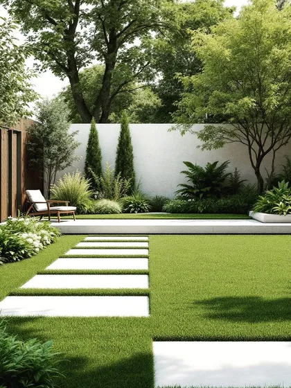 A modern garden design featuring a pristine lawn and a pathway of large, white rectangular pavers. The clean lines and minimalist planting create a contemporary and tranquil atmosphere.