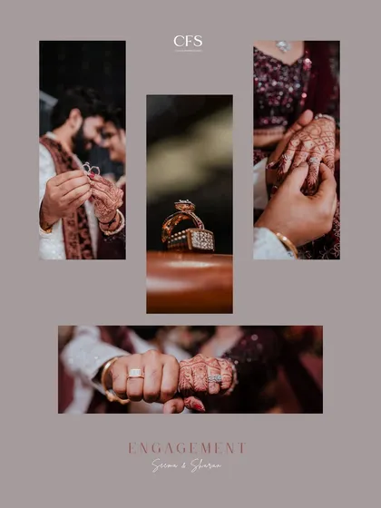 A creative collage dedicated to the engagement rings. We capture them on their own, being exchanged, and on the couple's hands to tell the full story.