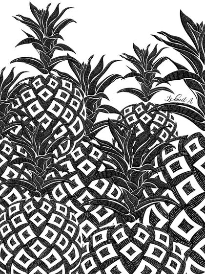 A detailed, black and white illustration of pineapples. I often start my designs with intricate line work like this before adding colour, focusing on the texture and form of natural objects.