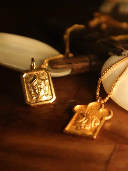 A closer view of the Devi pendant, intricately crafted in gold-plated sterling silver. A symbol of strength, grace, and light.