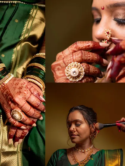 A collage of the bride's getting-ready moments, from the final touches of makeup to putting on her nose ring and showing off her intricate hand jewelry.