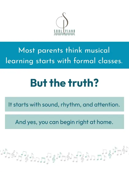 Many parents believe musical learning starts with formal lessons, but the journey truly begins at home. This graphic explains that the foundation is built with simple explorations of sound and rhythm, long before the first class.