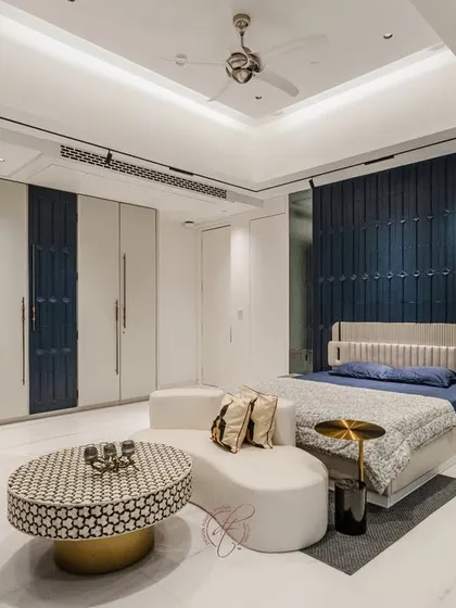 Another perspective of the room, highlighting the custom furniture and art. The design proves that a bedroom can be both a restful retreat and a bold statement of personal style.