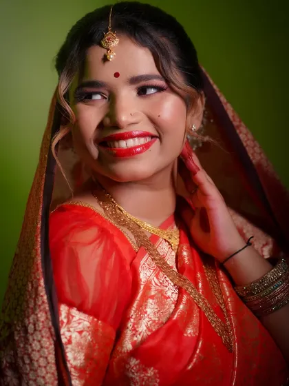 A happy bride, confident in her look. My goal is to make every client feel their absolute best on their special day through personalized artistry.