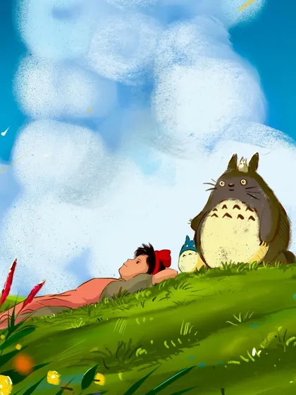 A detailed crop of Kiki and Totoro, showing the gentle interaction and peaceful atmosphere of the scene.