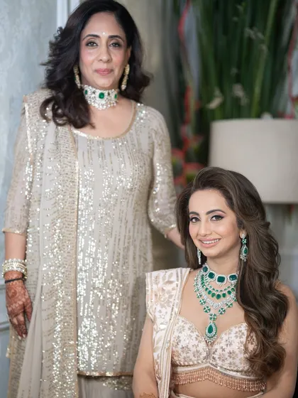 My client, the sister of the bride, pictured with Tina Ambani at the Mehandi ceremony. I curated a look of understated elegance for this high-profile Bollywood wedding.