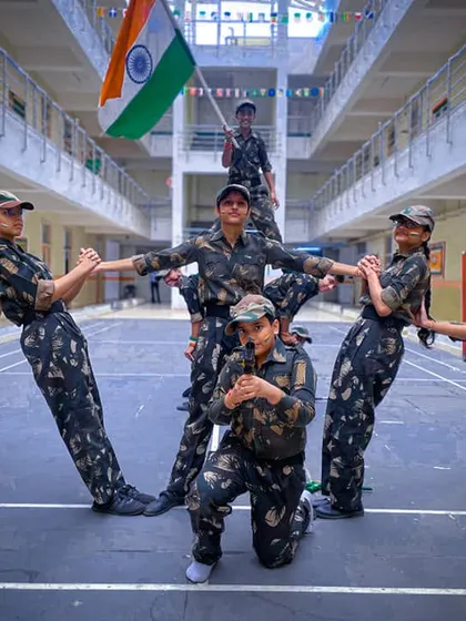 We specialize in creating powerful choreography for special events. This patriotic performance for Independence Day showcases a large group of students in a coordinated, visually striking formation with the Indian flag.