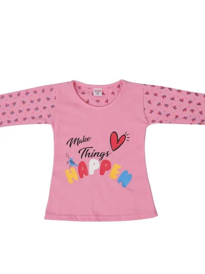 A flat lay of a pink long-sleeved kids' shirt. We ensure colors are accurate and all details are visible in our apparel photography.