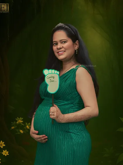 Another playful prop, this "Coming Soon" sign shaped like a baby's foot adds a cute touch to the maternity portrait.