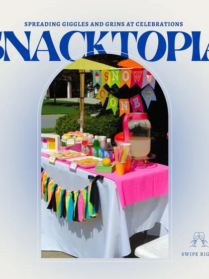 We create vibrant and colorful "Snacktopia" stations for kids. This setup includes a snow cone machine, bright decorations, and a variety of sweet treats to delight your youngest guests.