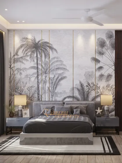 This bedroom features a stunning tropical-themed wallpaper, creating a unique and artistic focal point that brings a sense of nature indoors.