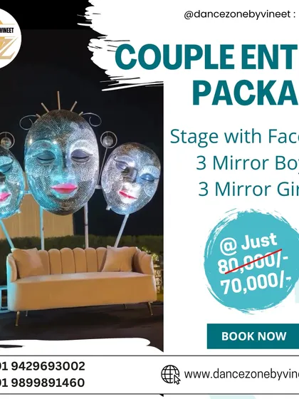For a truly unique and modern couple entry, our package with a 'Stage with Faces' is perfect. It includes mirror-costumed performers who create a surreal and glamorous welcome for the bride and groom.