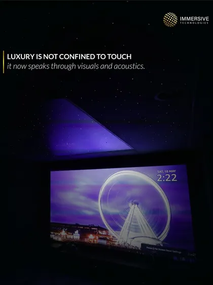 Luxury is an experience felt through visuals and acoustics. Here, the large projection screen displays a crisp image while the starlight ceiling provides a subtle, atmospheric glow, creating a premium viewing environment.