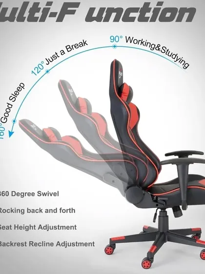 This is our multi-function gaming chair, which reclines from a 90-degree working position to a 160-degree resting position. It also features 360-degree swivel and height adjustment.
