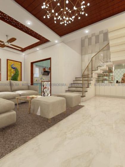 A spacious living room in a duplex home, featuring a comfortable L-shaped sofa, a grand crystal chandelier, and a view of the staircase with its integrated storage.