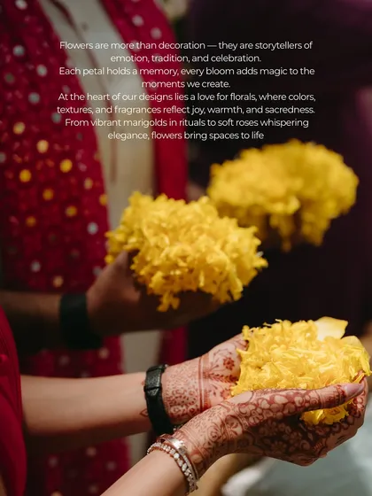 A moment from a traditional ceremony, with hands full of marigold petals. Flowers are central to my designs, bringing joy, tradition, and warmth to every ritual.