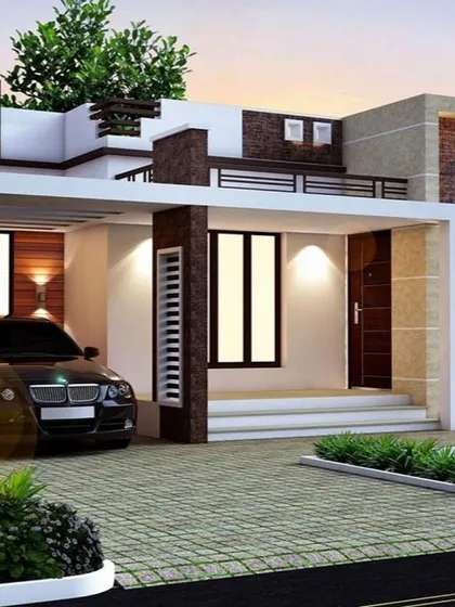 A single-story modern home design that emphasizes horizontal lines and a seamless connection to the outdoors. The combination of wood cladding, stone pillars, and a paved driveway creates a sophisticated and accessible residence.