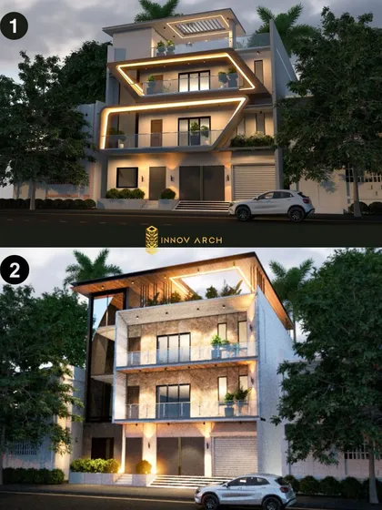 Which facade design do you prefer? Here, I present two distinct modern elevation options for the same building, showcasing my versatility in creating unique architectural styles tailored to client preferences.