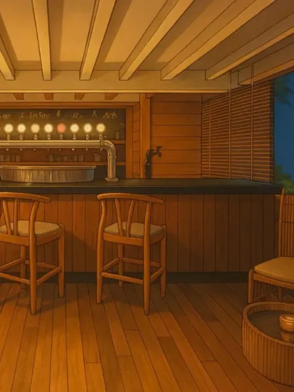 The cozy and rustic interior of our Taproom, rendered in a beautiful Ghibli-inspired animation. It's a perfect spot for craft beer fans.