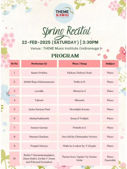 The program for our Spring Recital at the Indiranagar branch. The event featured a wonderful variety of pieces, from nursery rhymes for our youngest performers to Beethoven's 'Moonlight Sonata'.
