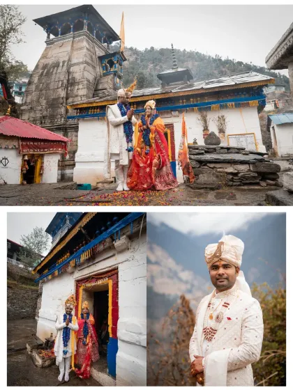 A collage showcasing the couple's portraits and the grandeur of the Triyuginarayan temple, telling a complete story of their sacred wedding.