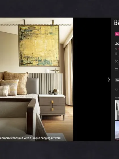 The master bedroom of the Jor Bagh Residence, with its unique hanging artwork, as featured on the design platform Design Dekko.